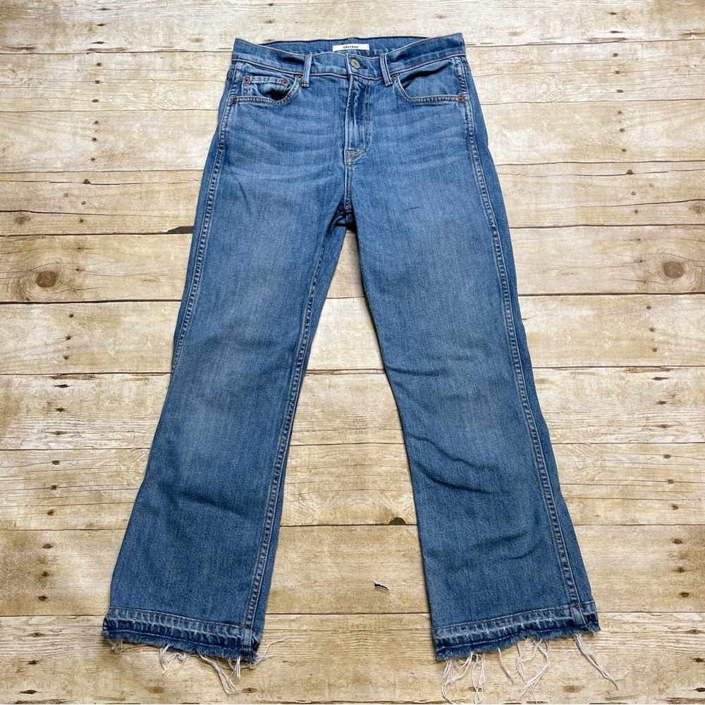 GRLFRND Joan Crop Jeans Raw Hem Flare Bottom